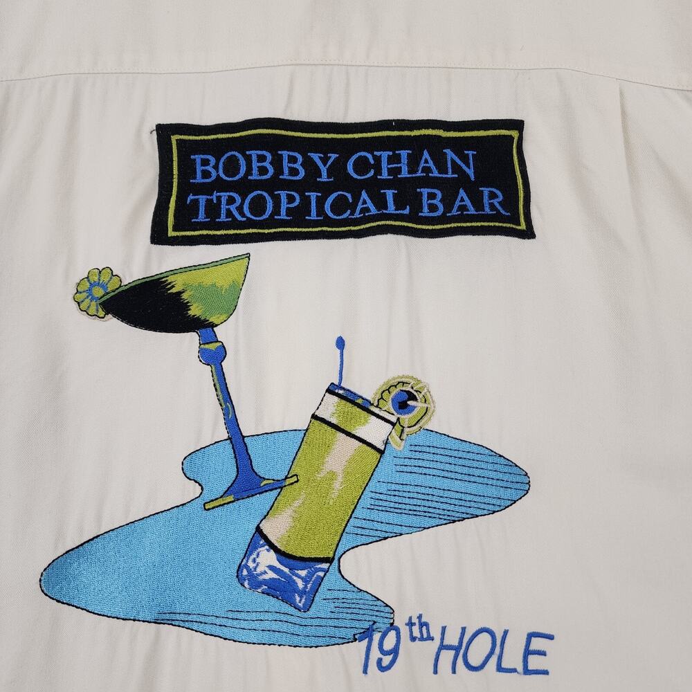 Bobby Chan Shirt Mens Large Cream Silk Bamboo Tropical Bar 19th Hole Casual Golf - Picture 9 of 16